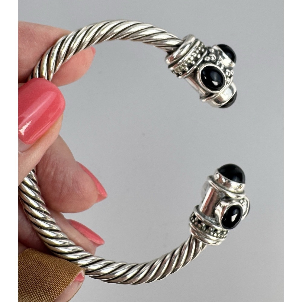 925 Sterling Silver Black Onyx Twisted Cable Cuff Bracelet 60.05g